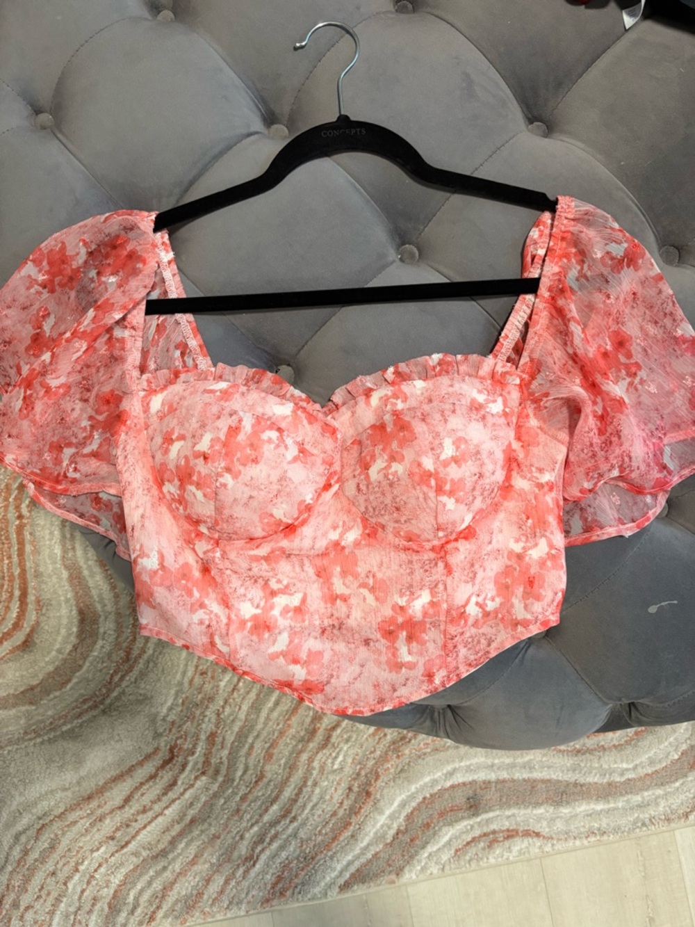 Boohoo Coral Pink Floral Puff Sleeve Crop Top